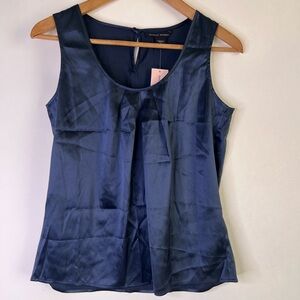 Banana Republic Sleeveless Navy Blue Satin Top With Pleated Neckline Size Small
